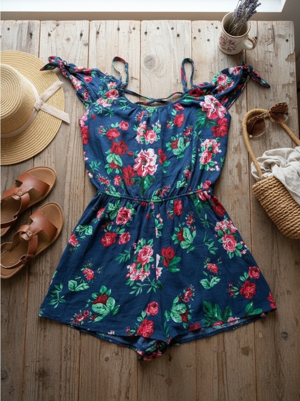 Ambiance Navy Floral Tie-Shoulder Romper